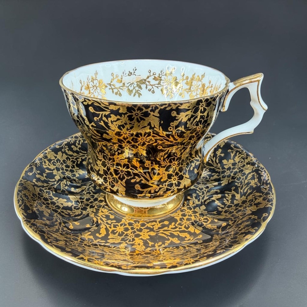 Royal Windsor Fine Bone China Teacup Saucer Set Black Gold Floral England Chintz